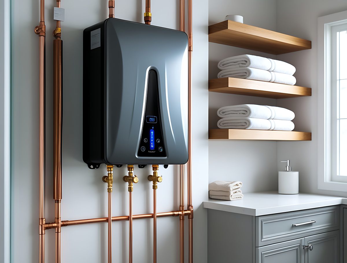 A modern tankless water heater with clean copper supply lines