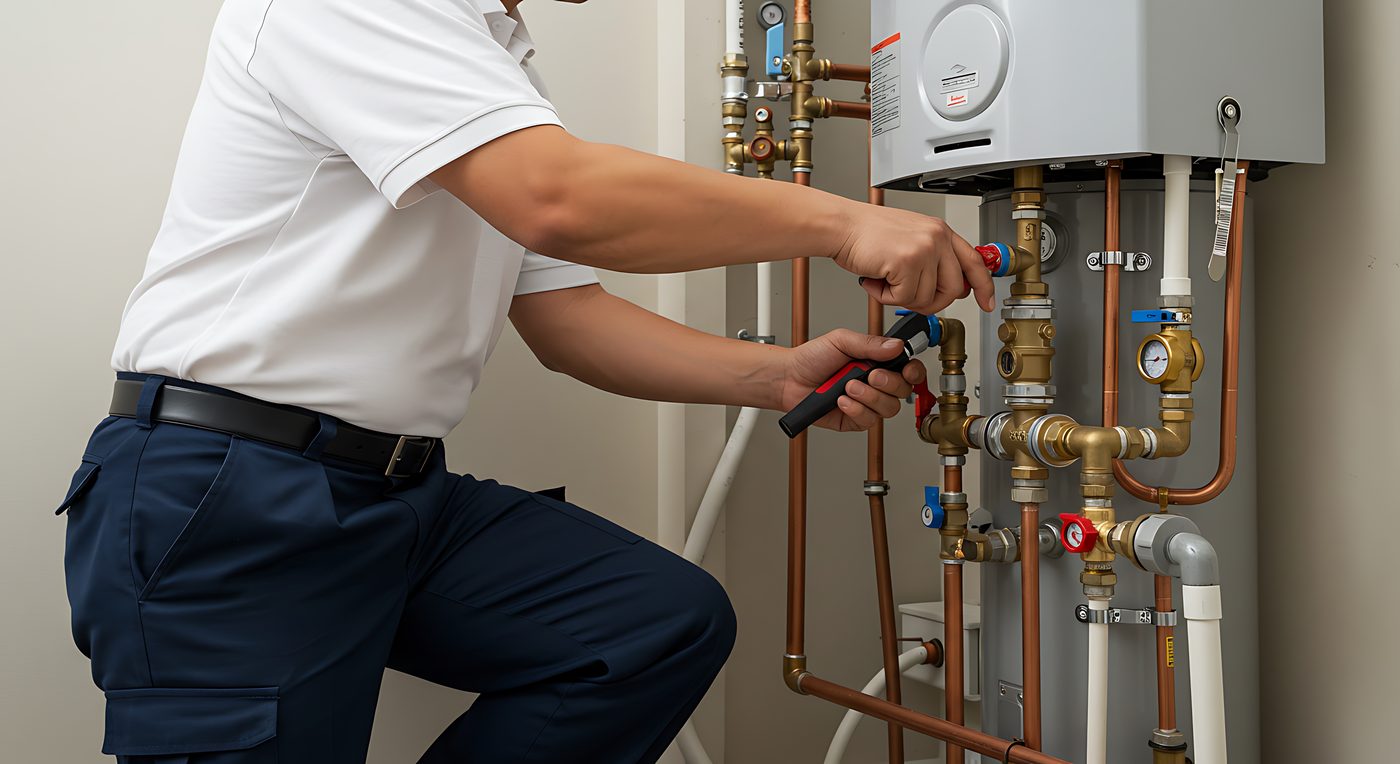 An APEX technician servicing a tankless water heater